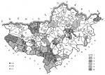 2. Ngrd megye vallsi megoszlsa, az evanglikus s reformtus templomok, illetve a krzetkbe tartoz falvak: 1. 90–100% katolikus, 0–10% evanglikus; 2. 0–20% reformtus, 80–100% katolikus; 3. 80–100% reformtus, 0–20% katolikus; 4. 10–30% evanglikus, 70–90% katolikus; 5. 30–60% evanglikus, 40–70% katolikus; 6. 80–90% evanglikus, 10–20% katolikus. a) 1828–1826 eltt plt evanglikus templomok; b) 1828–1910 kztt plt evanglikus templomok; c) reformtus templomok. Az egy templomhoz tartoz falvak hatrai ersebb kontrral jellve, a tbbsgben katolikus falu reformtus vagy evanglikus lakinak tvolabbi templomt nyllal jelltk. (sszelltotta Flrin Mria, rajzolta Szmetana Kristf.)